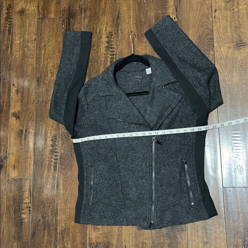 CHICOS Gray Boiled Wool Blend Knit Zip Front Moto Biker Jacket Coat Size Medium - Picture 15 of 15